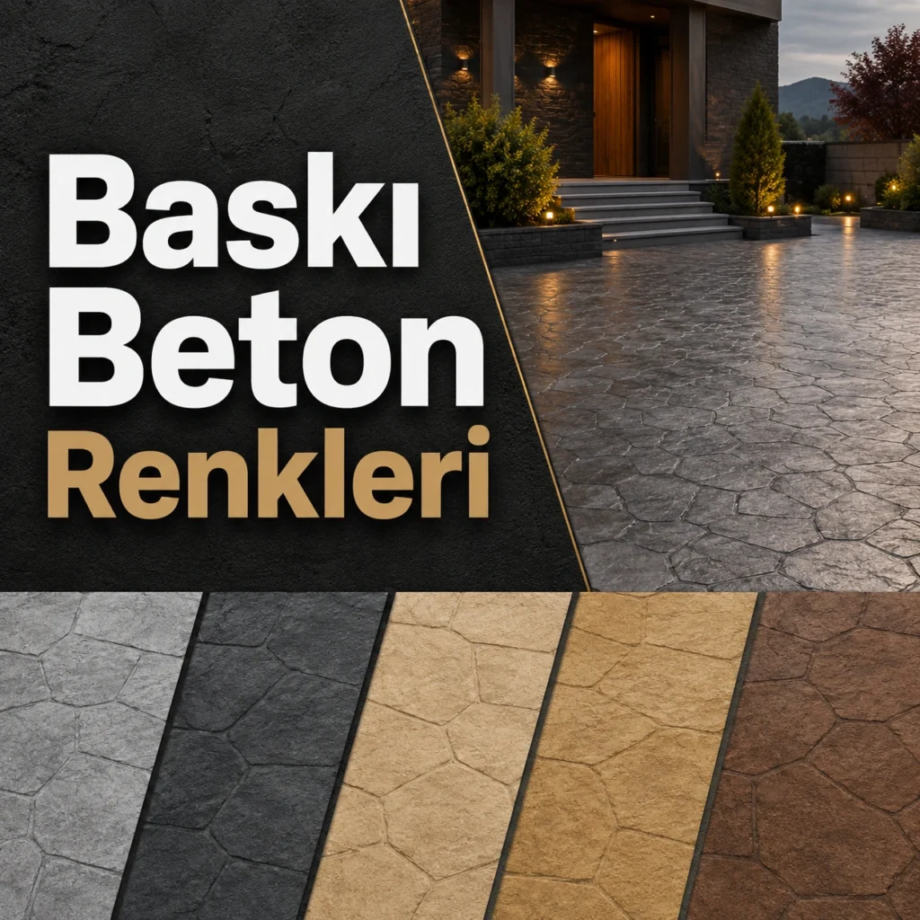 Üzerinde “Baskı Beton Renkleri” yazan, gri, antrasit, bej, kum ve kahverengi tonlarında farklı baskı beton yüzey örneklerinin bulunduğu kare görsel.