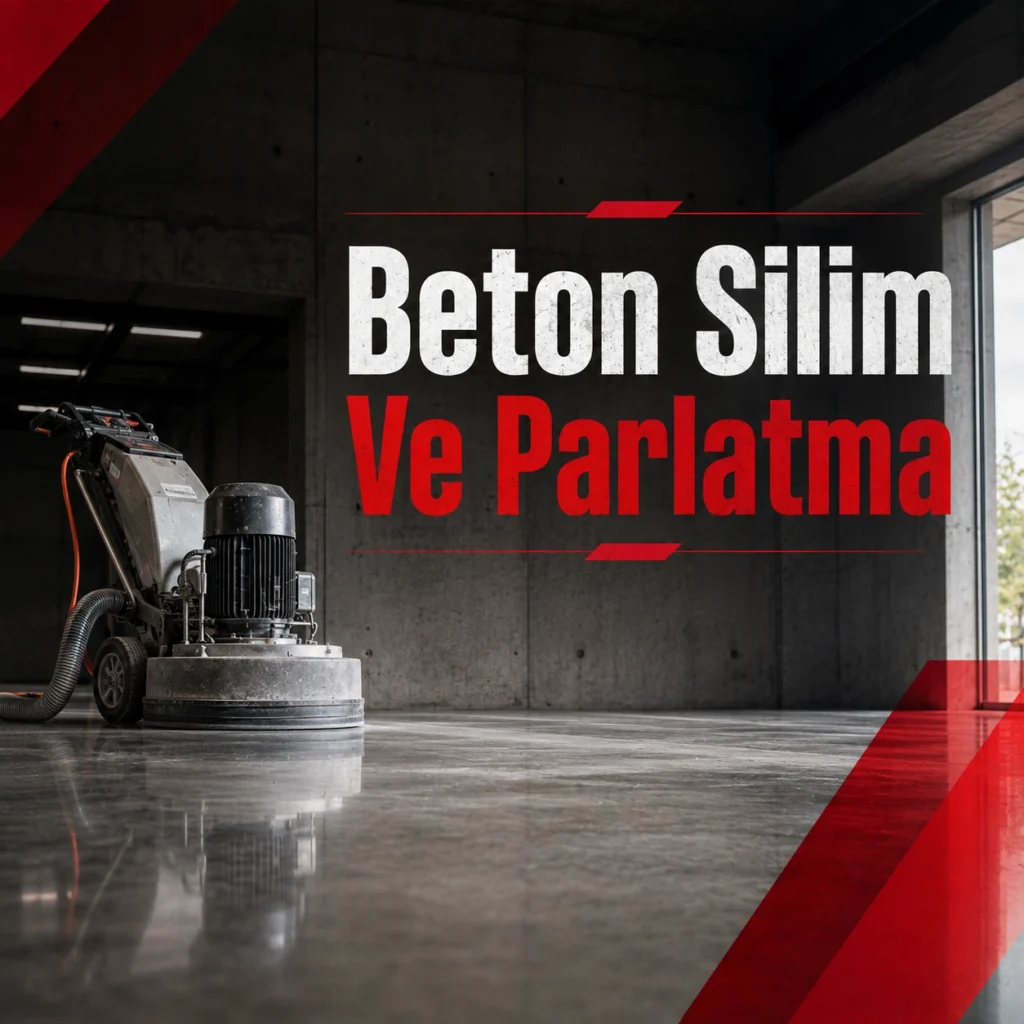 Üzerinde “Beton Silim Ve Parlatma” yazan, endüstriyel beton zeminde silim ve parlatma makinesinin bulunduğu kare görsel.