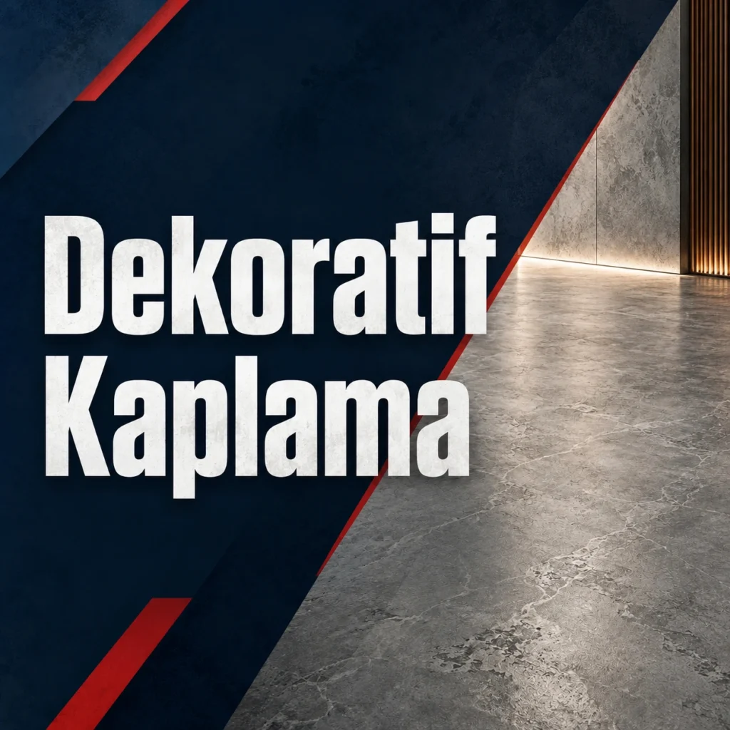 Üzerinde “Dekoratif Kaplama” yazan, beton görünümlü dekoratif zemin ve duvar yüzeyinin bulunduğu kare görsel.