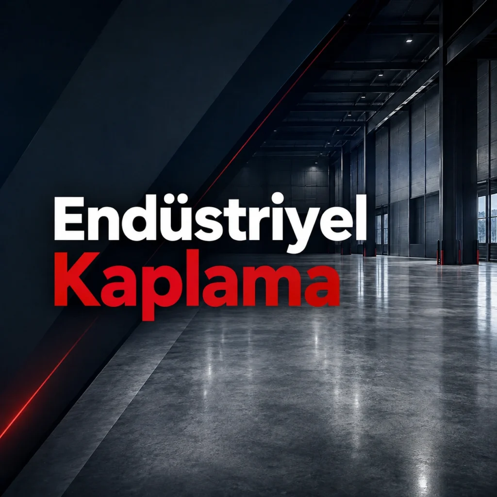 Üzerinde “Endüstriyel Kaplama” yazan, parlak endüstriyel zemin yüzeyi ve modern fabrika iç mekânını gösteren kare görsel.