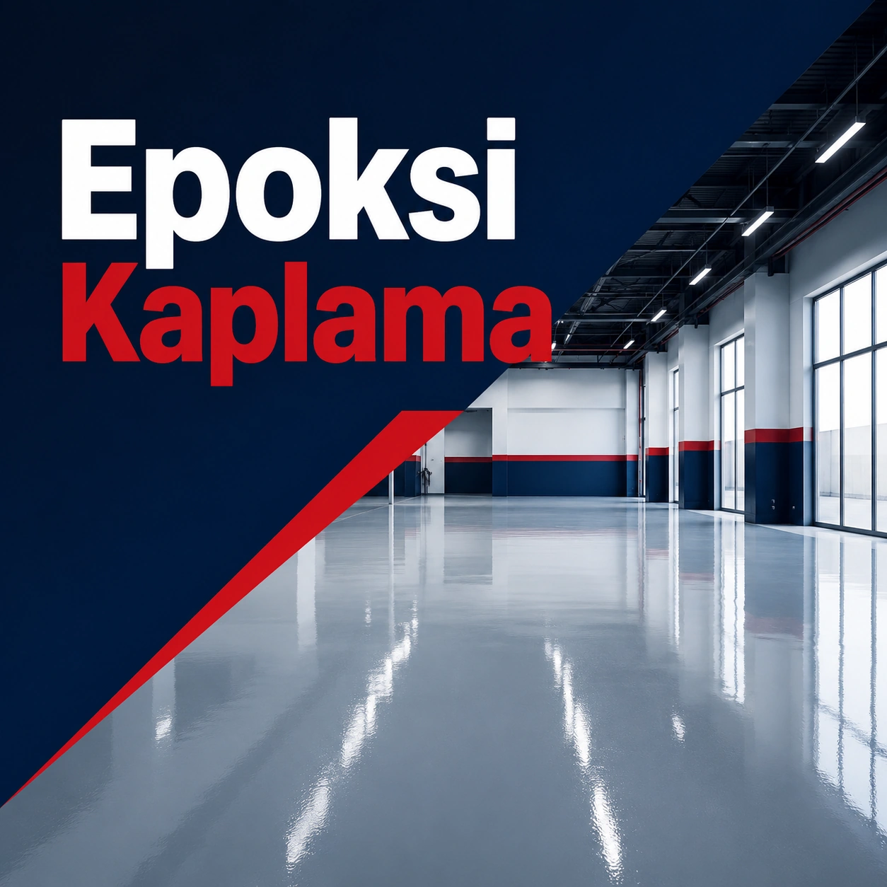 Üzerinde “Epoksi Kaplama” yazan, parlak epoksi zemin yüzeyi ve modern endüstriyel iç mekânı gösteren kare görsel.