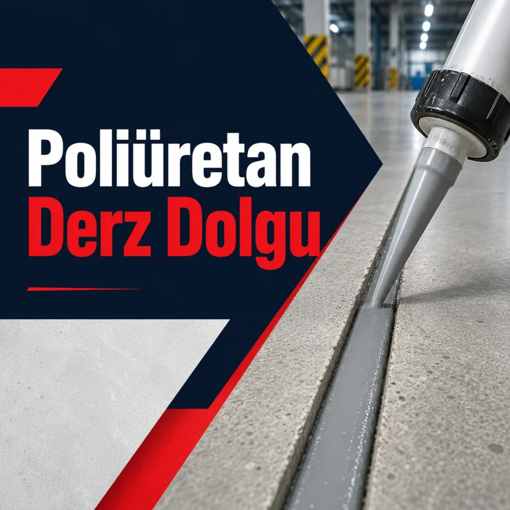 Üzerinde “Poliüretan Derz Dolgu” yazan, endüstriyel beton zemindeki derz kanalına poliüretan dolgu uygulaması yapılan kare görsel.