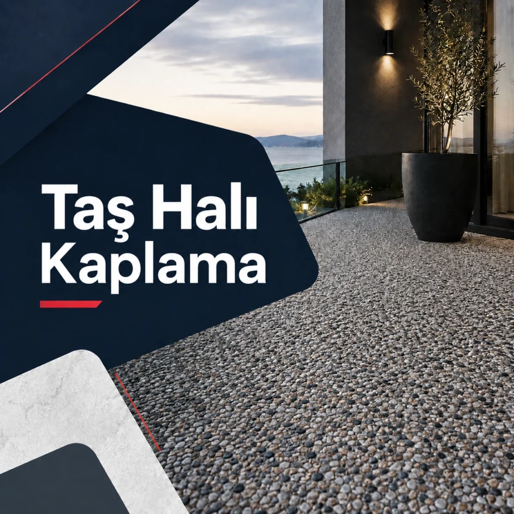 Üzerinde “Taş Halı Kaplama” yazan, doğal taş taneli reçineli zemin yüzeyi ve modern teras alanını gösteren kare görsel.